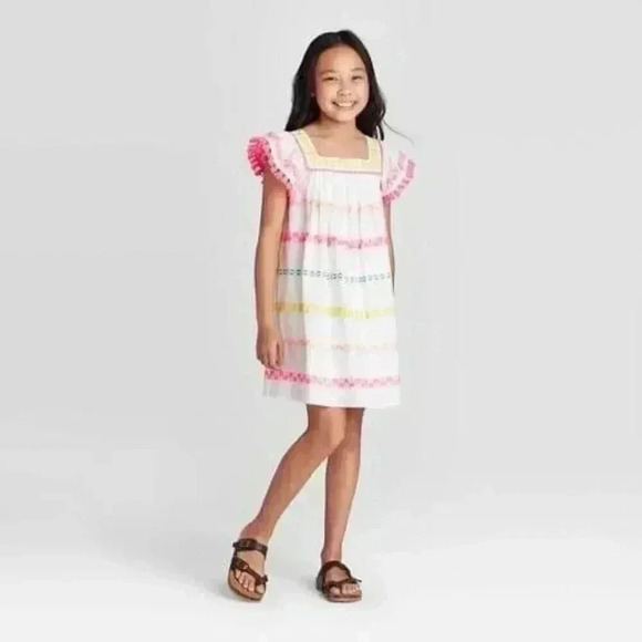 Cat & Jack Girls Sz 10/12 White Embroidered Summer Button back Dress A-line - Picture 1 of 5